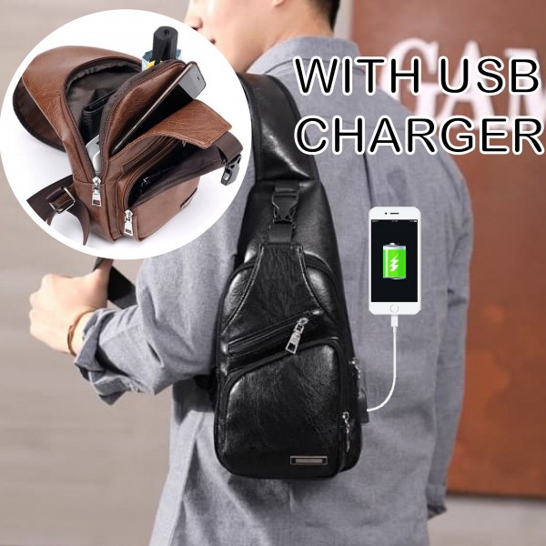 Tas Selempang Kulit With Charger USB / Sling Bag USB Charger Kulit PU Leather